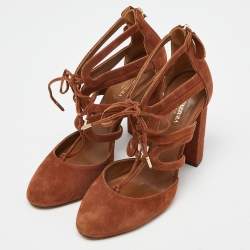 Pre Owned Aquazzura Brown Suede Lace Up Block Heel Pumps Size 39