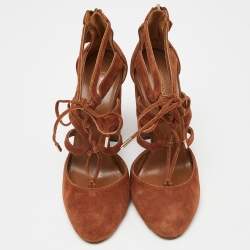 Pre Owned Aquazzura Brown Suede Lace Up Block Heel Pumps Size 39