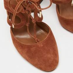 Pre Owned Aquazzura Brown Suede Lace Up Block Heel Pumps Size 39