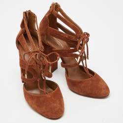 Pre Owned Aquazzura Brown Suede Lace Up Block Heel Pumps Size 39