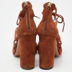 Pre Owned Aquazzura Brown Suede Lace Up Block Heel Pumps Size 39