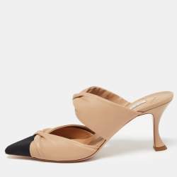 Aquazzura Beige/Black Leather and Grosgrain Twist Puffy Mules Size 41