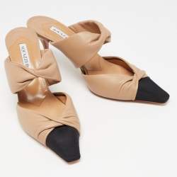 Aquazzura Beige/Black Leather and Grosgrain Twist Puffy Mules Size 41