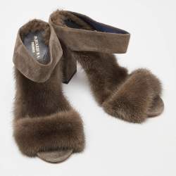 Pre Owned Aquazzura Brown Mink Fur Strap Slide Sandals Size 37.5