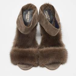 Pre Owned Aquazzura Brown Mink Fur Strap Slide Sandals Size 37.5