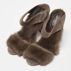 Pre Owned Aquazzura Brown Mink Fur Strap Slide Sandals Size 37.5