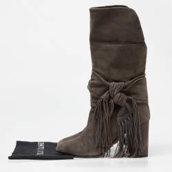 Aquazzura Grey Suede Fringe Details Mid Calf Block Heel Boots Size 39