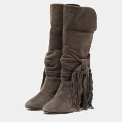 Aquazzura Grey Suede Fringe Details Mid Calf Block Heel Boots Size 39
