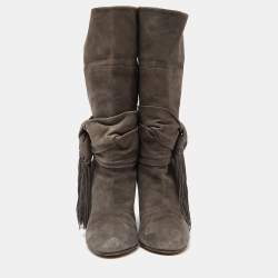 Aquazzura Grey Suede Fringe Details Mid Calf Block Heel Boots Size 39