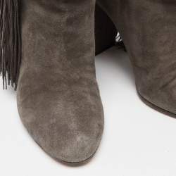 Aquazzura Grey Suede Fringe Details Mid Calf Block Heel Boots Size 39