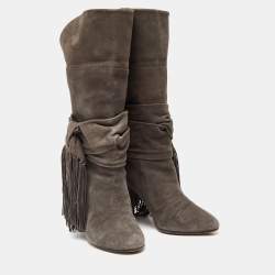 Aquazzura Grey Suede Fringe Details Mid Calf Block Heel Boots Size 39