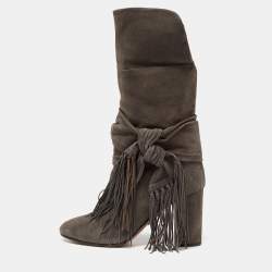 Aquazzura Grey Suede Fringe Details Mid Calf Block Heel Boots Size 39