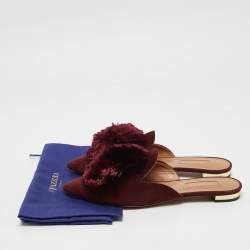 Pre Owned Aquazzura Burgundy Suede Powder Puff Flat Mules Size 36