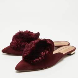 Pre Owned Aquazzura Burgundy Suede Powder Puff Flat Mules Size 36
