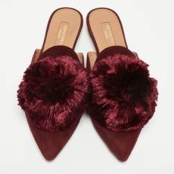Pre Owned Aquazzura Burgundy Suede Powder Puff Flat Mules Size 36