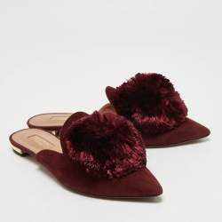 Pre Owned Aquazzura Burgundy Suede Powder Puff Flat Mules Size 36