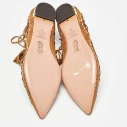 Pre Owned Aquazzura Brown Woven Suede Fringe Tassel Detail Ankle Wrap Ballet Flats Size 38