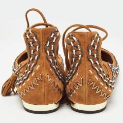 Pre Owned Aquazzura Brown Woven Suede Fringe Tassel Detail Ankle Wrap Ballet Flats Size 38