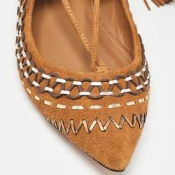 Pre Owned Aquazzura Brown Woven Suede Fringe Tassel Detail Ankle Wrap Ballet Flats Size 38