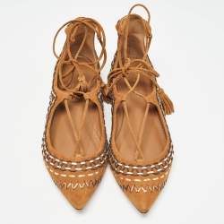 Pre Owned Aquazzura Brown Woven Suede Fringe Tassel Detail Ankle Wrap Ballet Flats Size 38