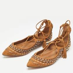 Pre Owned Aquazzura Brown Woven Suede Fringe Tassel Detail Ankle Wrap Ballet Flats Size 38