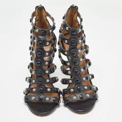 Pre Owned Aquazzura Black Leather Studded Gladiator Sandals Size 36