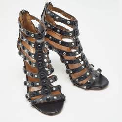 Pre Owned Aquazzura Black Leather Studded Gladiator Sandals Size 36
