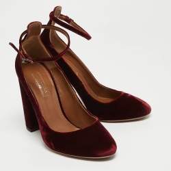 Pre Owned Aquazzura Burgundy Velvet Alix Ankle Strap Pumps Size 36