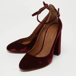 Pre Owned Aquazzura Burgundy Velvet Alix Ankle Strap Pumps Size 36