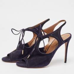 Pre Owned Aquazzura Navy Blue Suede Mira Ankle Strap Sandals Size 37