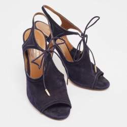 Pre Owned Aquazzura Navy Blue Suede Mira Ankle Strap Sandals Size 37