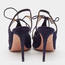 Pre Owned Aquazzura Navy Blue Suede Mira Ankle Strap Sandals Size 37