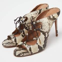Pre Owned Aquazzura Cream/Brown Python Embossed Leather Tie Up Sandals Size 39