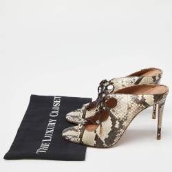 Pre Owned Aquazzura Cream/Brown Python Embossed Leather Tie Up Sandals Size 39