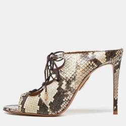 Pre Owned Aquazzura Cream/Brown Python Embossed Leather Tie Up Sandals Size 39