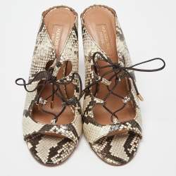 Pre Owned Aquazzura Cream/Brown Python Embossed Leather Tie Up Sandals Size 39