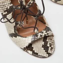Pre Owned Aquazzura Cream/Brown Python Embossed Leather Tie Up Sandals Size 39