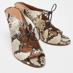 Pre Owned Aquazzura Cream/Brown Python Embossed Leather Tie Up Sandals Size 39