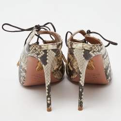 Pre Owned Aquazzura Cream/Brown Python Embossed Leather Tie Up Sandals Size 39