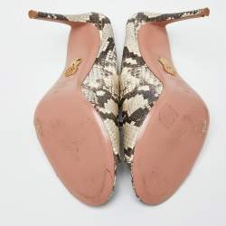 Pre Owned Aquazzura Cream/Brown Python Embossed Leather Tie Up Sandals Size 39