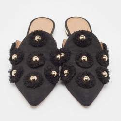 Pre Owned Aquazzura Black Canvas Sunflower Mules Size 36