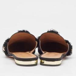 Pre Owned Aquazzura Black Canvas Sunflower Mules Size 36