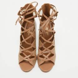 Pre Owned Aquazzura Beige Mesh Cut Out Lace Up  Sandals Size 38
