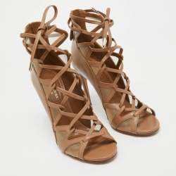 Pre Owned Aquazzura Beige Mesh Cut Out Lace Up  Sandals Size 38