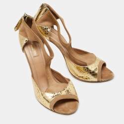 Aquazzura Beige/Gold Suede and Snakeskin Embossed Leather Pumps Size 39