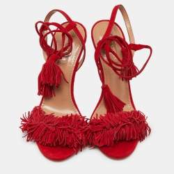 Pre Owned Aquazzura Red Fringed Suede Wild Thing Ankle Wrap Sandals Size 36