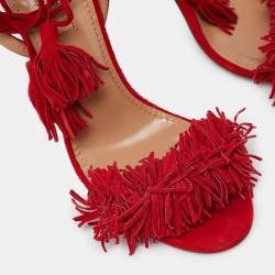 Pre Owned Aquazzura Red Fringed Suede Wild Thing Ankle Wrap Sandals Size 36