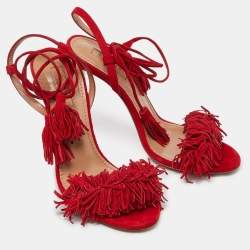 Pre Owned Aquazzura Red Fringed Suede Wild Thing Ankle Wrap Sandals Size 36
