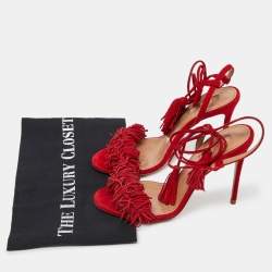 Pre Owned Aquazzura Red Fringed Suede Wild Thing Ankle Wrap Sandals Size 36