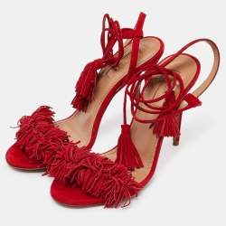 Pre Owned Aquazzura Red Fringed Suede Wild Thing Ankle Wrap Sandals Size 36